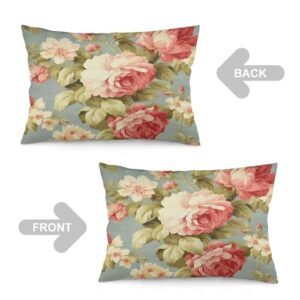 Pillow Cases - Pink Cabbage Roses Romantic Aqua Pillow Covers, Retro Country Decor, Chinoiserie Decor Polyester Linen Rectangle Accent Pillow Case with Zipper, Decor for Farmhouse, Chair, 20"x30" - Image 6