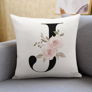 Monogrammed J Pillow Covers Personalized Pink Floral Throw Pillow Cushion Cover White Cotton Line Modern Square Pillowcase with Hidden Zipper Decor for Farmhouse Office Office - Image 5