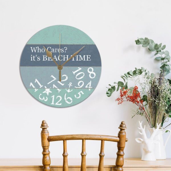 PVC Wall Hanging Clock with Who Cares It's Beach Time Round Wall Clocks for Kitchen Bedroom Decorations 12in Non Ticking Retro Design Clock Decorative for Men Cave Laundry Room