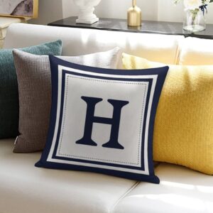 Custom Decorative Throw Pillow Covers - Boho Geometric Striped Initial Navy Blue Throw Pillow Case - Monogram H White Cotton Linen Pillow Cases for Home Bed New Home 20" x 20" - Image 4