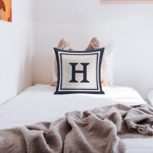 Custom Decorative Throw Pillow Covers - Boho Geometric Striped Initial Navy Blue Throw Pillow Case - Monogram H White Cotton Linen Pillow Cases for Home Bed New Home 20" x 20" - Image 2