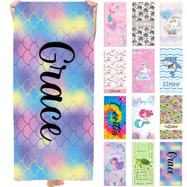 Kidrex Personalized Beach Towel for Kids Girls Boys Adults Quick Dry Custom Towels for Beach Pool Bath with Names Customized Gifts, Mermaid Scales