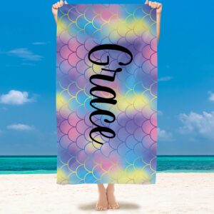 Kidrex Personalized Beach Towel for Kids Girls Boys Adults Quick Dry Custom Towels for Beach Pool Bath with Names Customized Gifts, Mermaid Scales - Image 3