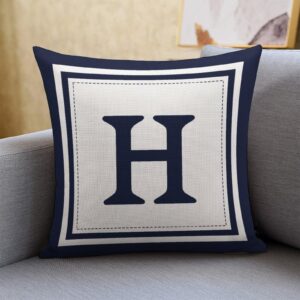 Custom Decorative Throw Pillow Covers - Boho Geometric Striped Initial Navy Blue Throw Pillow Case - Monogram H White Cotton Linen Pillow Cases for Home Bed New Home 20" x 20" - Image 5